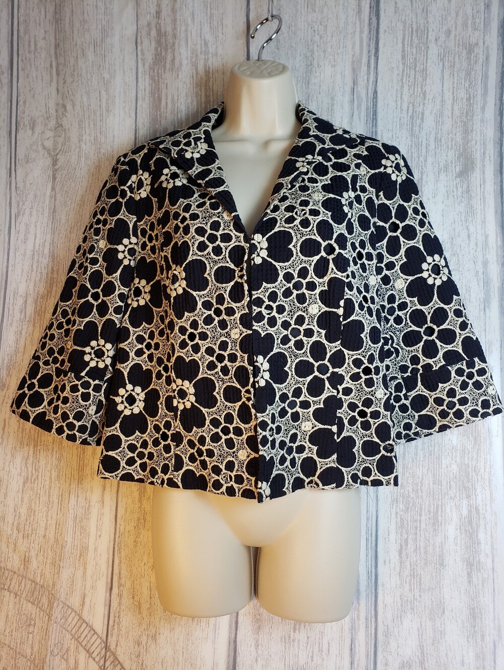 Lafayette 148 New York navy black & ivory floral embroidered eyelet jacket Sz 14